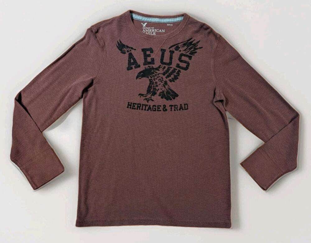 American Eagle Outfitters Mens Large Thermal Shirt Eagle Graphic Brown Y2K
